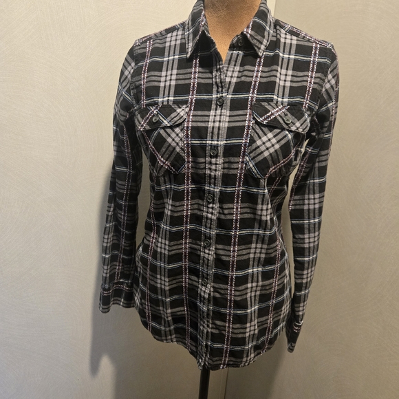 Eddie Bauer Black and White Plaid Button Down Shirt - Picture 1 of 7